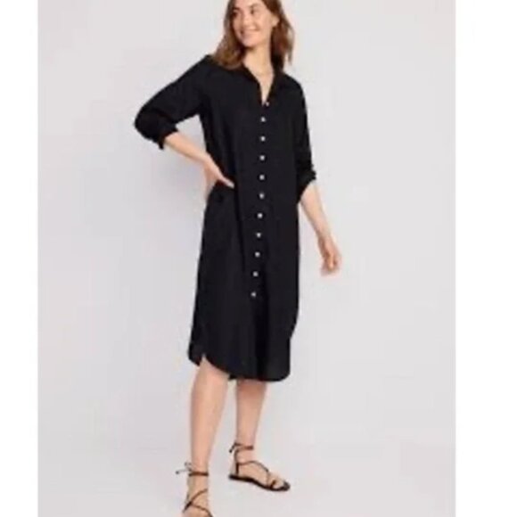NEW Women's TALL Long Sleeve Maxi Length Linen Shirt Dress Black Pockets XL - Picture 1 of 5